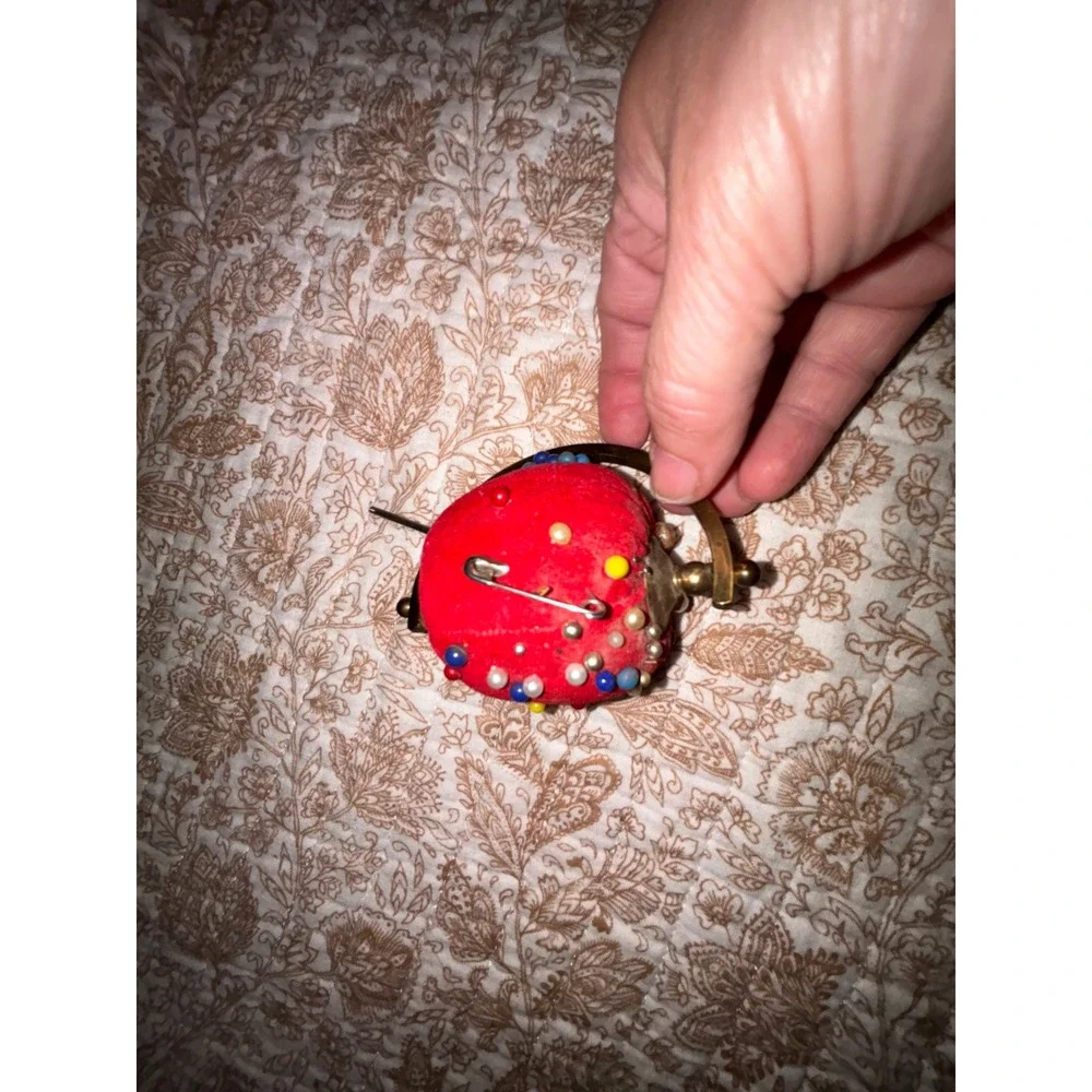 Vintage Red Tomato Pin Cushion Brass Swivel Frame Sewing Notion with Pins